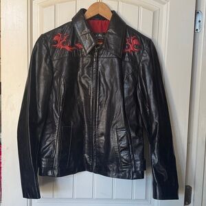 Black Genuine Leather Jacket with Red Flame Details Women’s Sz L